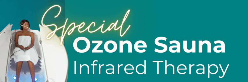 african lady with white towel sitting in ozone sauna pod with green background